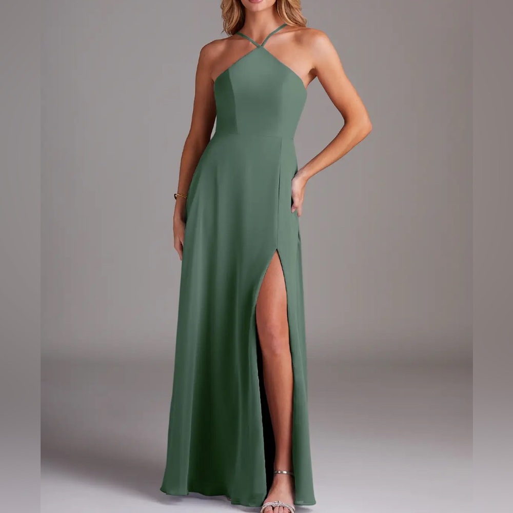 Azazie Eucalyptus A-Line Halter Side Slit Long Formal Chiffon Bridesmaid Dress